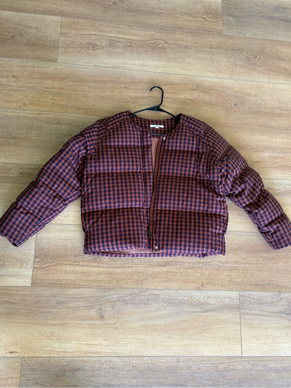 Ali Golden Gingham Puffer Jacket in rust & Navy